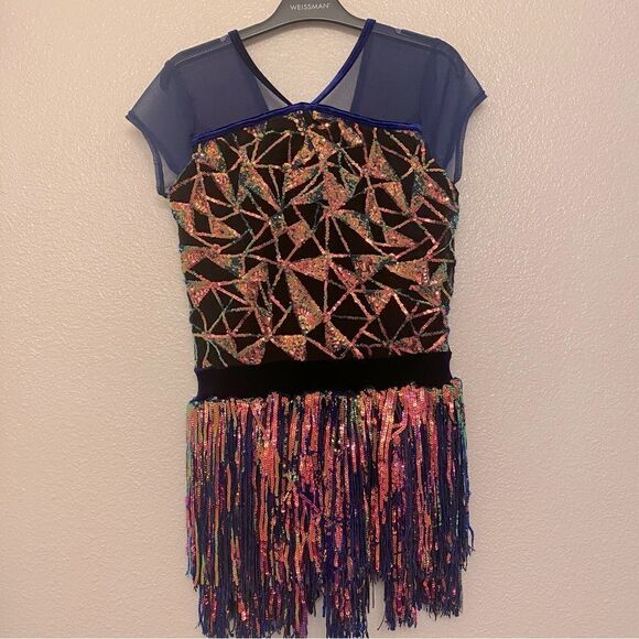 Weissman Dance costume blue sassy fringe sequin dress Misbehave 16291 Adult MA - Picture 2 of 10